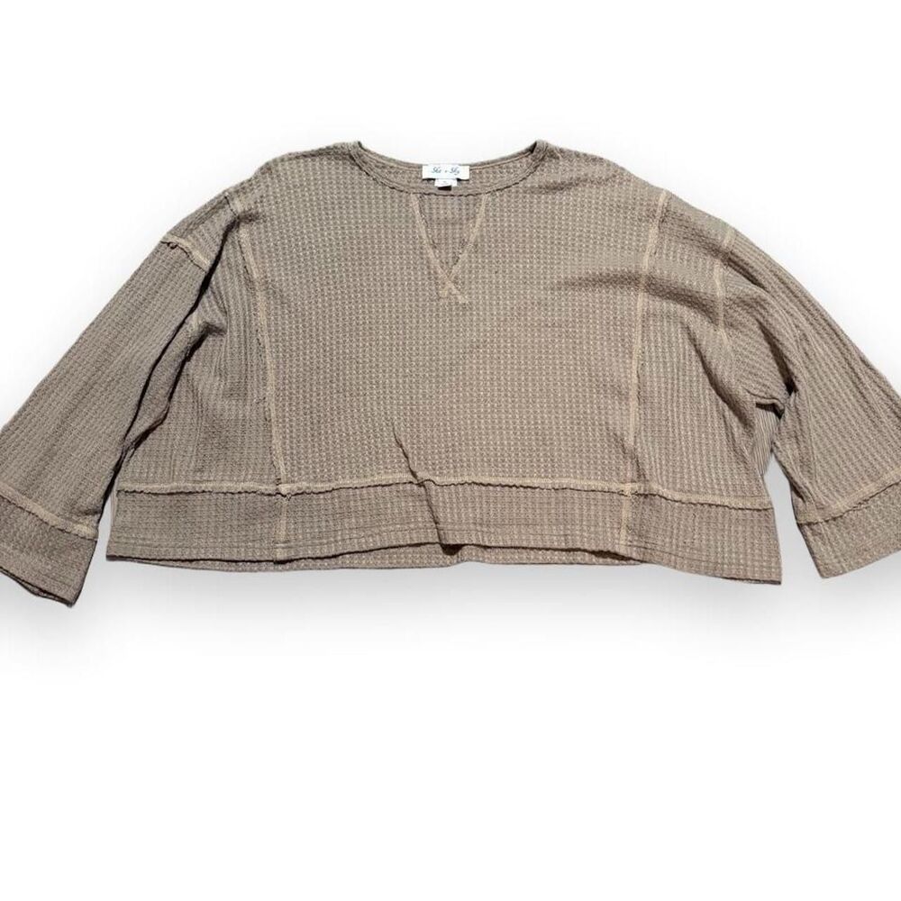 She + Sky Brown Waffle Knit Long Sleeve Crop Top S